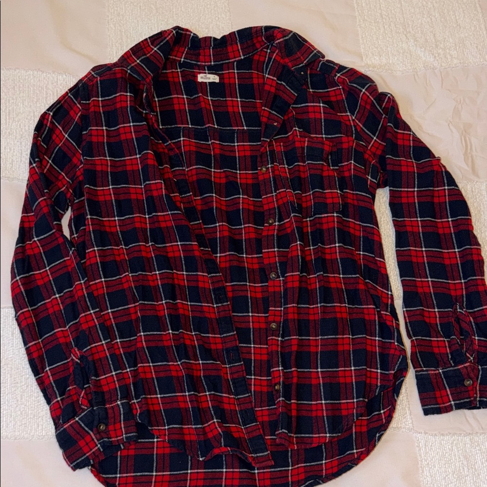 Hollister Red and Navy Plaid Flannel Shirt